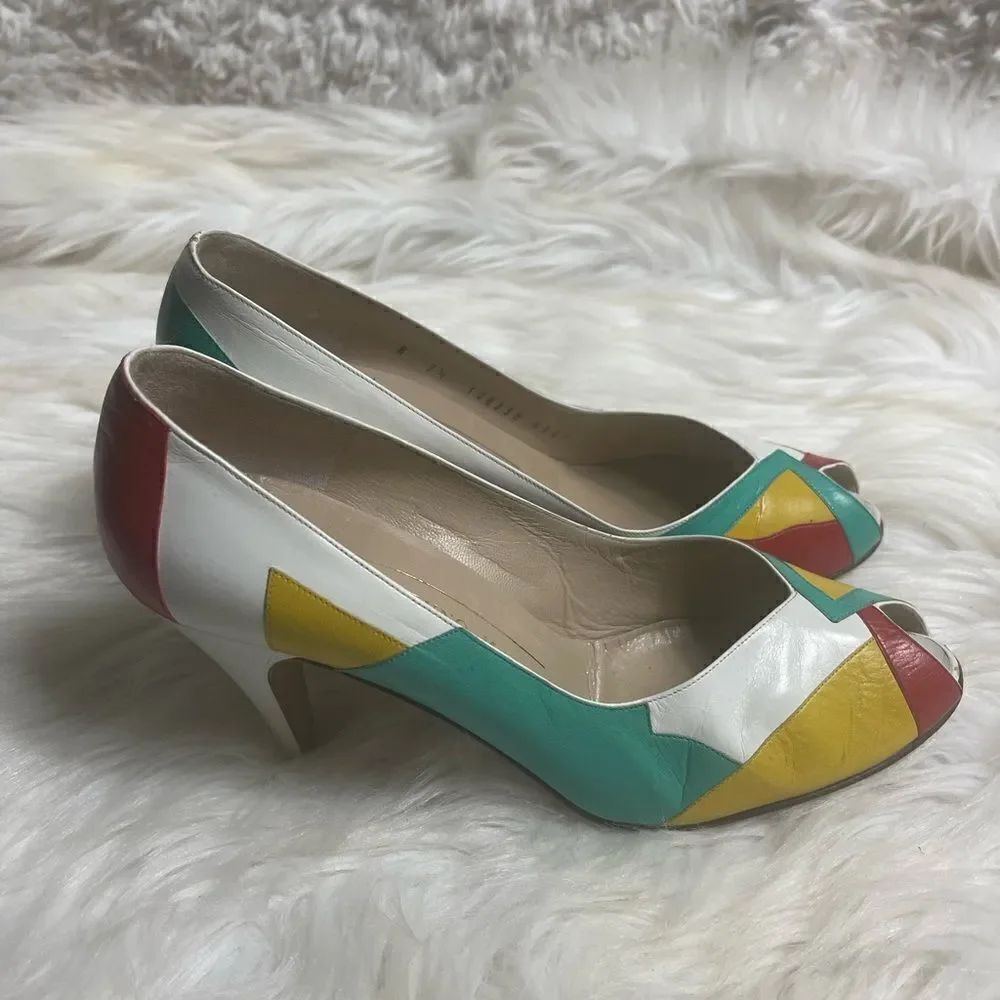 Bruno Magli leather multi color patchwork slip on heels peep toe size 7.5